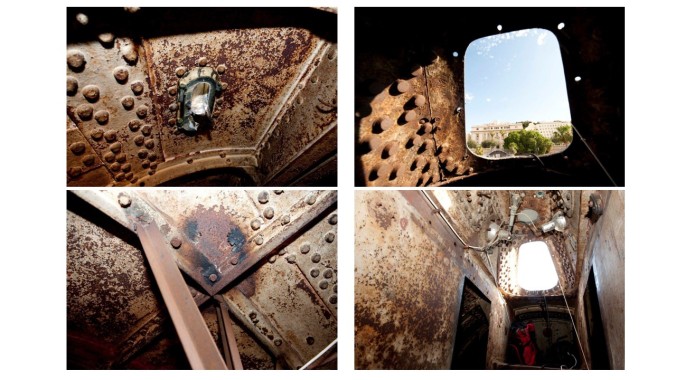 Detalle de escotilla de acceso e interior del submarino de su restauración (fuente diario la opinión de Cartagena)